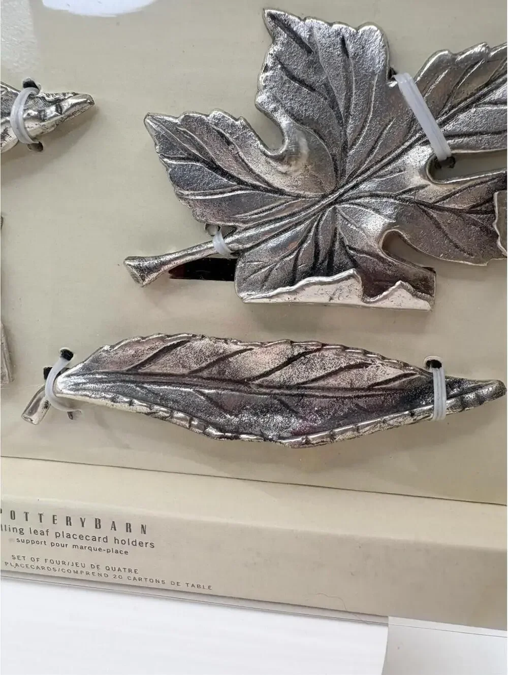 Pottery Barn Autumn Falling Leaf Place Card Holders Set Of 4 New In Box Silver